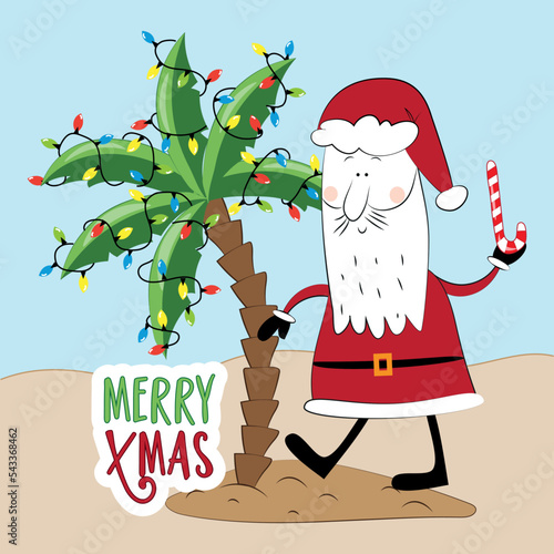 Merry Xmas - funny greeting with Santa Claus in island and palm tree with christmas lights. Good for greeting crad, poster, label postcard, and other gecoration for Christmas.