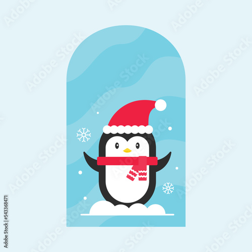 Cute Penguin Wearing Santa Hat With Scarf At Window And Snowfall Blue Background. © Abdul Qaiyoom