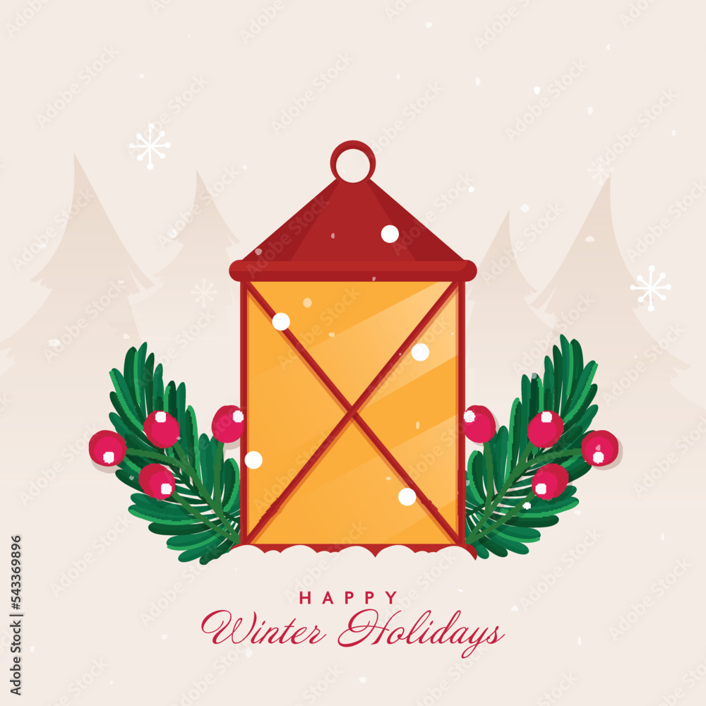 Happy Winter Holidays Concept With Lantern, Berry Stem And Fir Leaves On Beige Background.