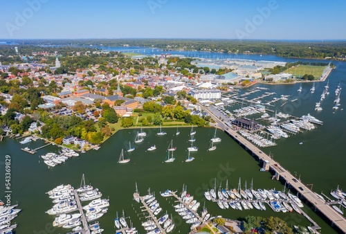 Aerial view of the Maryland harbor with ships and boats in Annapolis, Maryland, United States photo