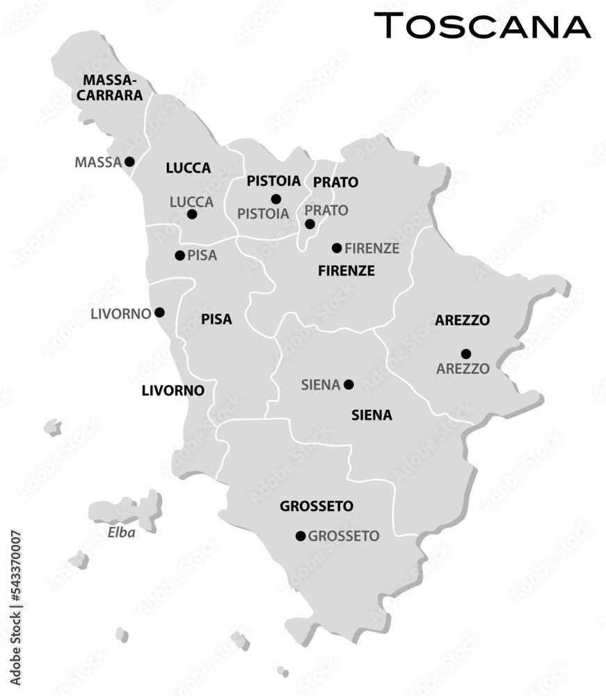 simple gray administrative map of Tuscany region of Italy