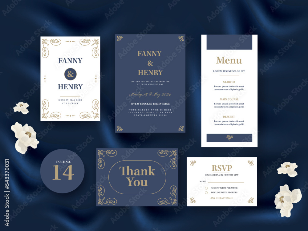 Naklejka premium Elegant Wedding Invitation Suite Present On Blue Silk Fabric Background.