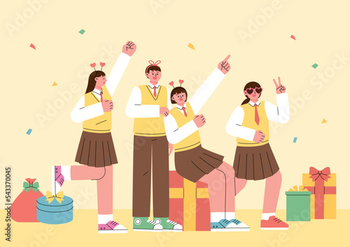 Students in school uniforms are partying around a lot of gift boxes. flat vector illustration.