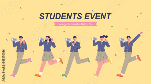 Students in school uniforms are running with test identification slips after college entrance exams. flat vector illustration.