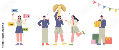 Students in school uniforms enjoy the event after college exams. Celebration firecrackers, gift box, discount coupon. flat vector illustration. photo