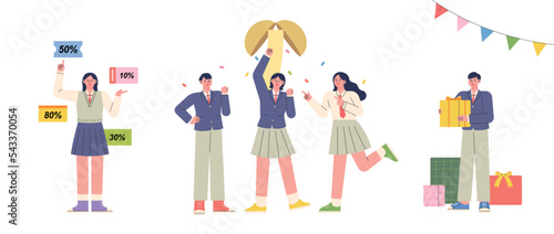 Students in school uniforms enjoy the event after college exams. Celebration firecrackers, gift box, discount coupon. flat vector illustration.