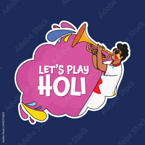 Sticker Style Let's Play Holi Font With Cartoon Young Man Playing Trumpet On Pink And Blue Background.
