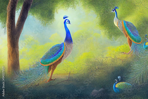 two male Indian peafowl or Pavo cristatus or peacock in natural scenic winter season forest or jungle at ranthambore national park forest reserve rajasthan india asia