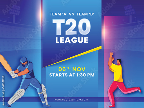 T20 Cricket Match Between Team A VS B (India VS Zimbabwe) With Bowler Throwing Ball To Batsman On Blue Shiny Stadium Background.