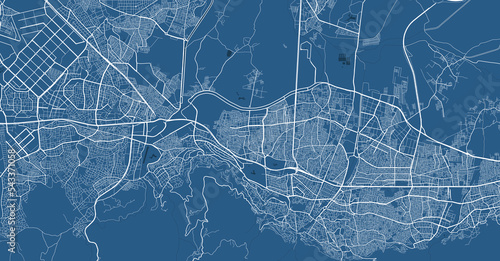 Detailed map poster of Bursa city, linear print map. Blue skyline urban panorama. Decorative graphic tourist map of Bursa territory.