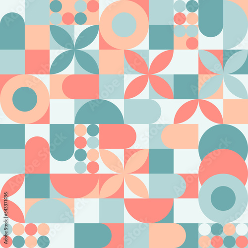 Trendy seamless geometric background with circles in retro scandinavian style, modern cover pattern. Graphic pattern of simple shapes in pastel colors, abstract mosaic.