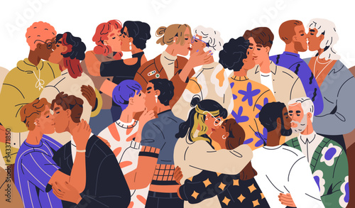 LGBT love couples kissing, hugging. Homosexual community, LGBTQ group of women lesbians and men gays in romantic sexual relationships. Flat graphic vector illustration isolated on white background