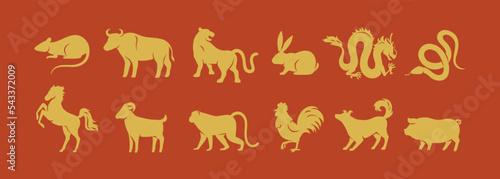 Print op canvas Chinese Zodiac with 12 animal signs, silhouettes for new years