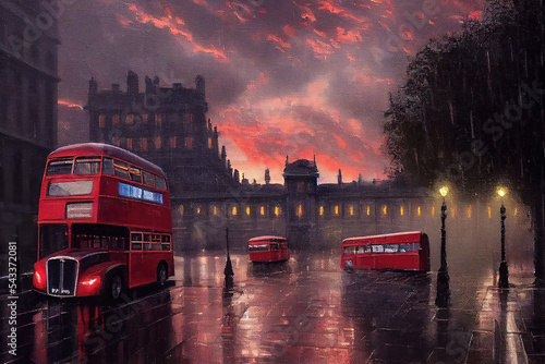 Fototapeta AI generated image of a red double decker bus in London