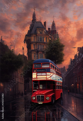 Obraz na płótnie AI generated image of a red double decker bus in London