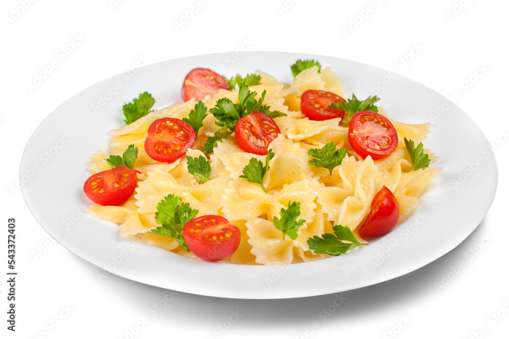 Delicious pasta with vegetables on white plate on white background Delicious pasta with vegetables on white plate on white background