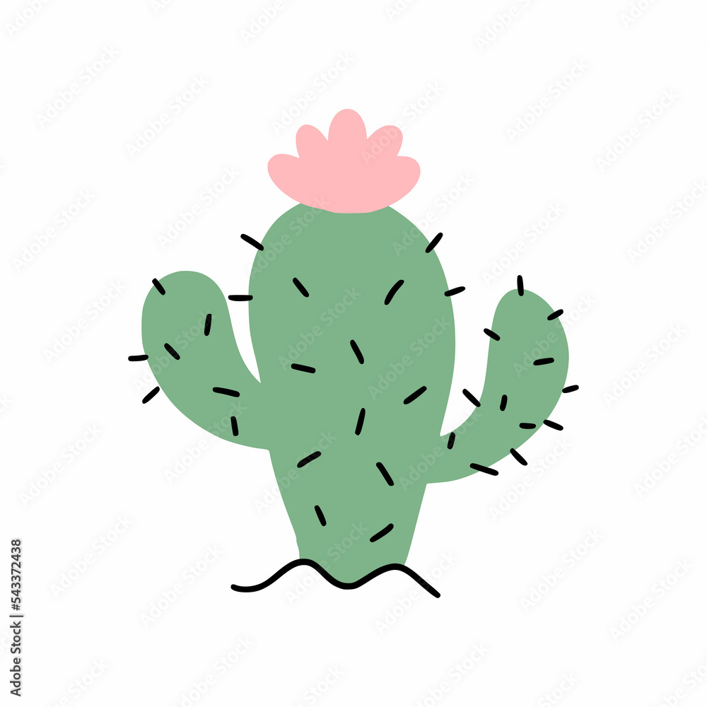 Naklejka premium Cactus with flower. Prickly plant. Vector doodle illustration. Sticker.