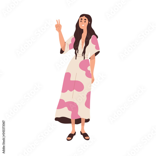 Young happy woman gesturing with two fingers, showing V sign, peace with hand. Smiling cheerful friendly positive girl in modern summer dress. Flat vector illustration isolated on white background