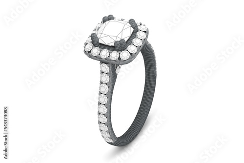 Jewelry ring with diamonds 3D rendering in wireframe grid