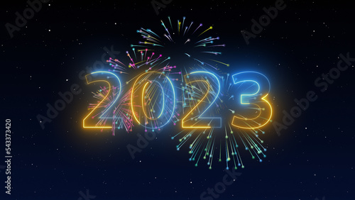 2023 Happy New Year Fireworks on dark night blue sky background with decoration with neon number on yellow and blue background. illustration winter festival season for card and template. modern event