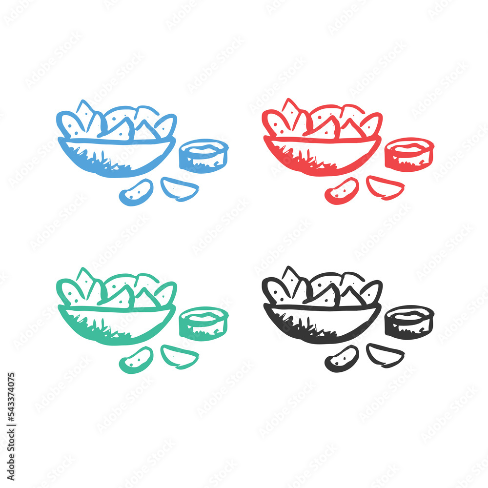 Tortilla chips or nachos tortillas icon, chips or nachos icon, Nachos icon Tortilla chips icon, Tortilla chip or nachos tortillas fast food vector icons in multiple colors