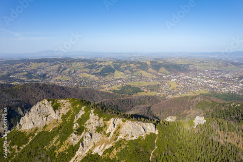 Aerial autumn fall sunny view of Tatra Mountains, Zakopane, Poland