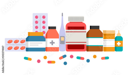 Pharmaceutical drugs and medicine capsules and tablets in flat design on white background.
