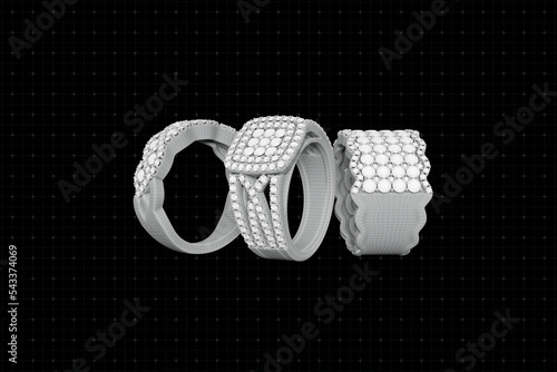 Jewelry rings with diamonds 3D rendering in wireframe grid
