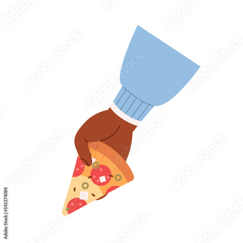 Triangle pizza piece in hand. Holding, taking Italian fast food slice,traditional snack with salami, pepperoni sausage, feta cheese, olives. Flat vector illustration isolated on white background