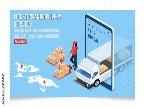 3D isometric Logistics and Delivery services concept with People transport product boxes from suppliers to buyers and Warehouse, truck, forklift. Vector illustration eps10