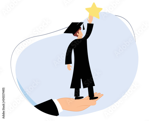 giant hands help scholars reach for the stars. successful student. graduate from school. flat design vector