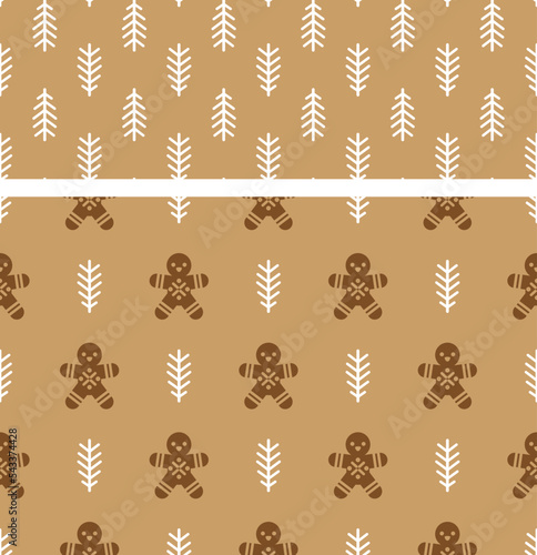 Flat vector patterns with gingerbread men and fir branches on kraft background. Seamless Christmas backgrounds for wrapping paper, wallpapers, holiday invitations and greeting cards