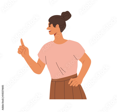 Angry annoyed woman accusing, criticizing, condemning with anger, rage emotion. Person arguing with disapprove gesture and irritated expression. Flat vector illustration isolated on white background