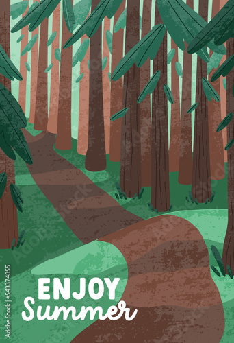 Nature card with path way in summer forest. Pine trunks in calm peaceful silent woods and trail, pathway, road landscape, vertical background. Tranquil idyllic scene. Flat vector illustration