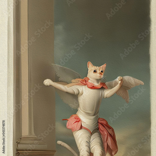 Ready for a dance. Flying Cat baroque art. Floating series. Oil digital painting. Anthropomorphic drawings. photo