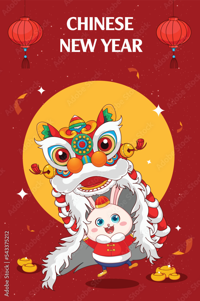 Fototapeta premium cute Little bunny performs Lion Dance. Happy Chinese new year 2023 year of the rabbit.