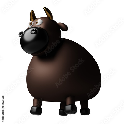 Funny bull  with gold horns. Animal wildlife cartoon character. 3d illustration.