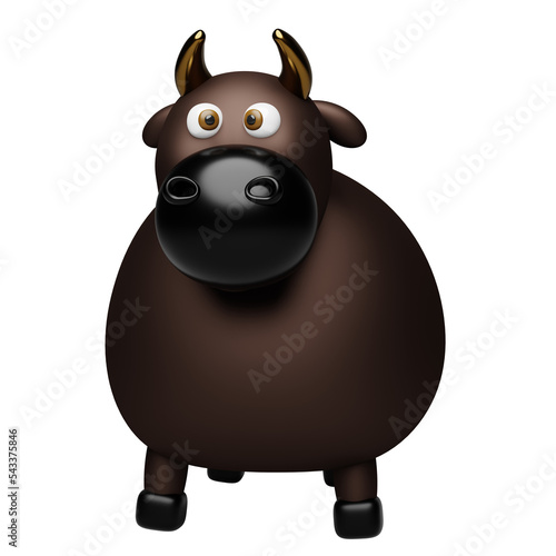 Funny bull  with gold horns. Animal wildlife cartoon character. 3d illustration.
