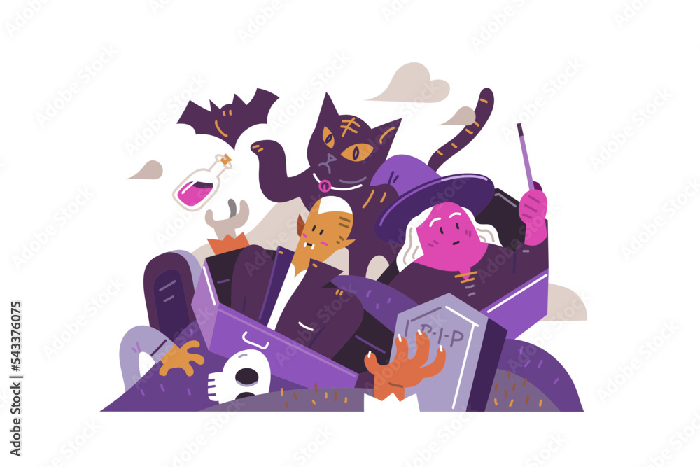 Naklejka premium Witch and Dracula Have a Halloween Party