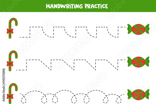 Tracing lines for kids. Cartoon xmas candies. Writing practice.