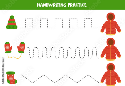 Tracing lines for kids. Cartoon winter accessories. Writing practice.