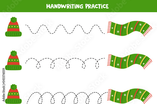 Tracing lines for kids. Cartoon winter accessories. Writing practice.