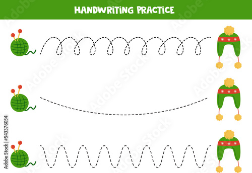 Tracing lines for kids. Cartoon winter accessories. Writing practice.