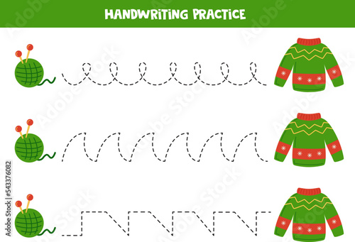 Tracing lines for kids. Cartoon winter sweater. Writing practice.