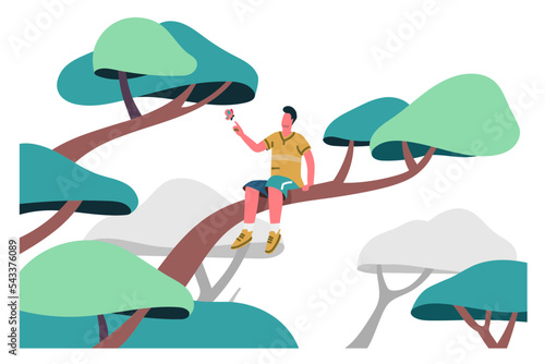 Lonely Boy plays with Butterfly on Tree