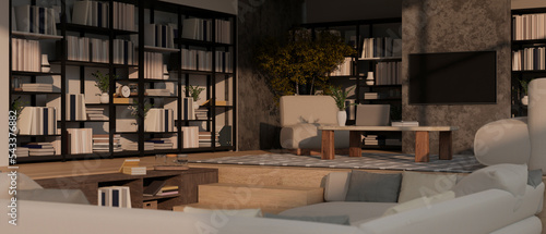 фотографія Modern contemporary Sunken living room with sofa, coffee table, TV on cement lof