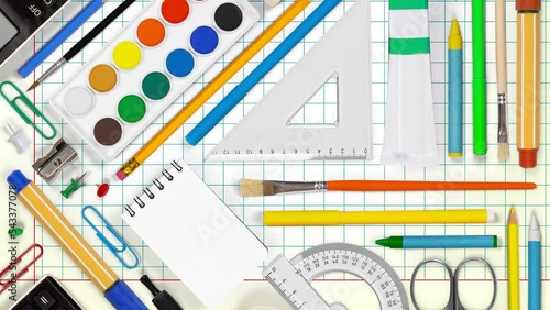Horizontal composition of colorful school supplies moving upwnwards on squared paper background. School and Education concept. Seamless looping. High quality 4k video.