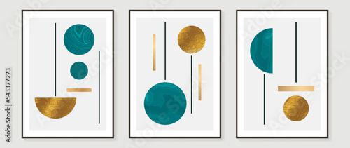 Set of abstract geometric shape wall art. Collection of gradient gold and blue circle with line art. Design for wall decoration, interior, poster, print, cover, wallpaper. Vector illustration.
