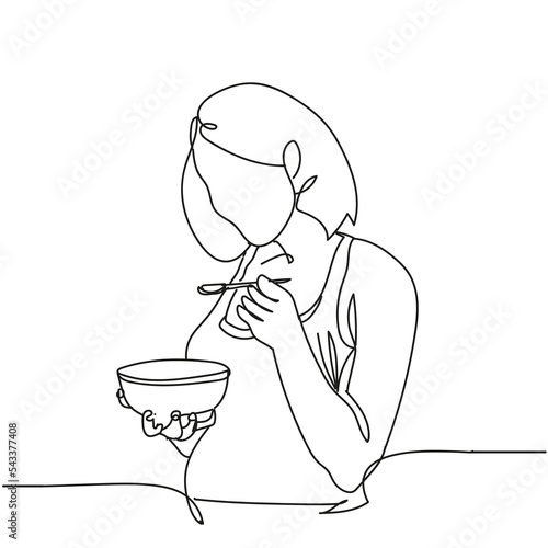 Single continuous line drawing of pregnant woman, Happy young mom eat nutritious food for baby isolated on white background, Hand drawn single line vector illustration