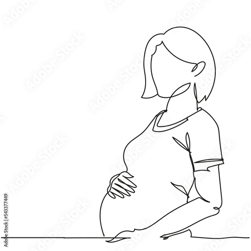 Continuous one line drawing of pregnant woman, Hand drawn single line of mother. Happy young mom is holding her pregnant belly. Happy Woman's Day. Character women with pregnancy